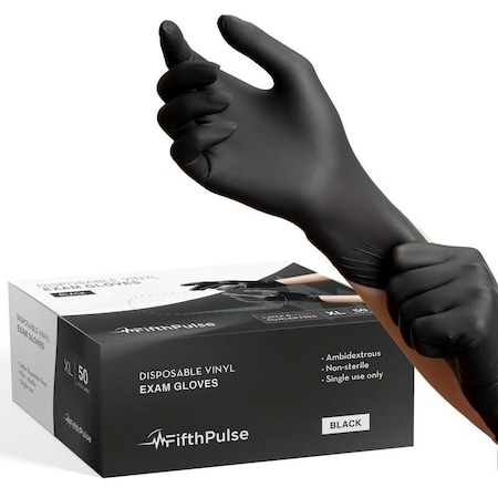 Fifthpulse FMN1000, Disposable Gloves, 3 mil Palm, Vinyl, Powder-Free, XL, 50 PK, Black FP-V-50-XL-BLK